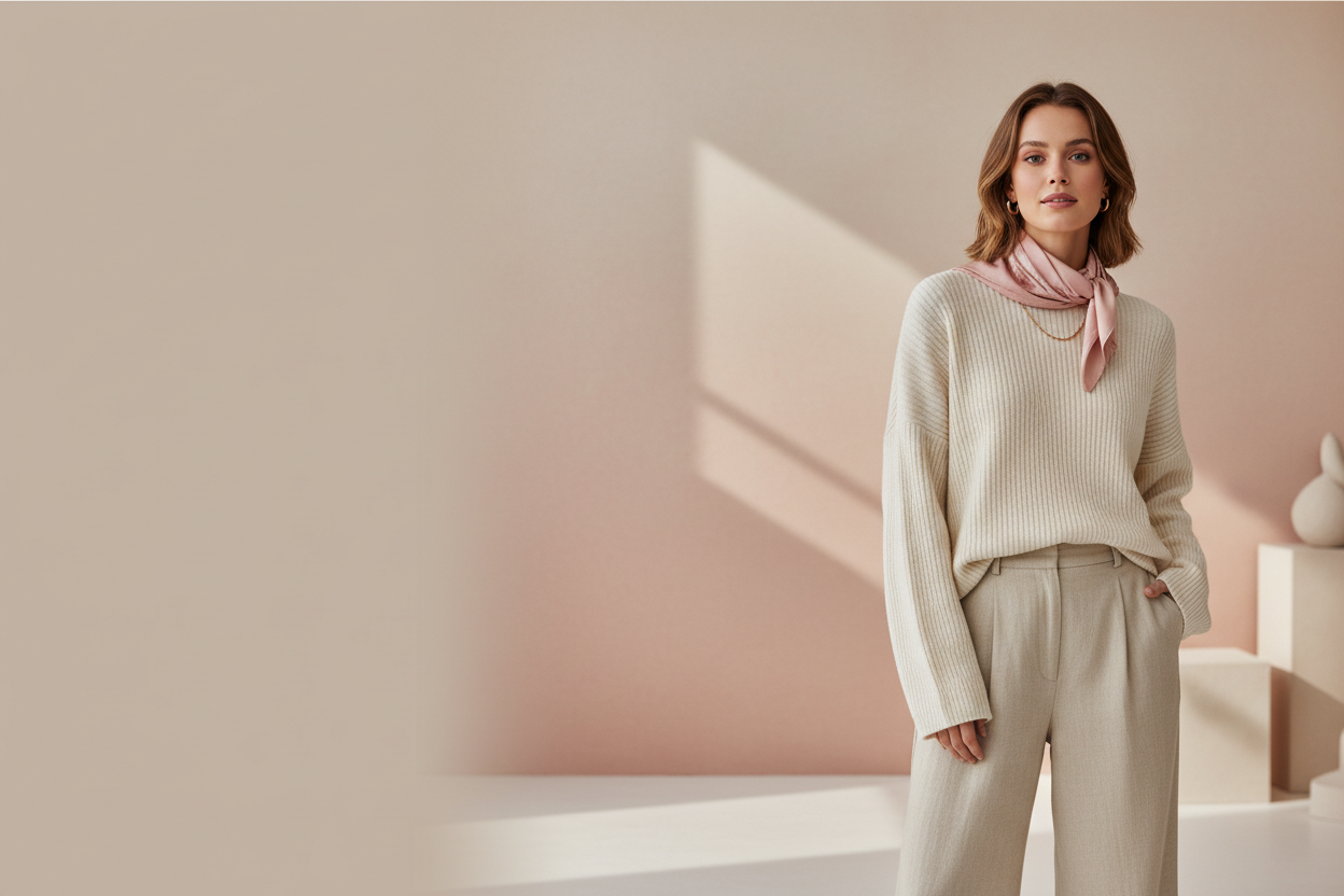 a modern ecommerce hero banner for a women's fashion brand called "TooShop". elegant and trendy aesthetic, a confident stylish woman wearing contemporary outfits (neutral tones with soft accents) minimal jewelry, clean makeup, soft natural lighting, premium look, background is minimal and airy with beige / blush tones, fashion forward, instagram worthy style. high end but accessible brand vibe, space on the left for headline text and CTA button, wide composition, website hero banner, no logo, no text